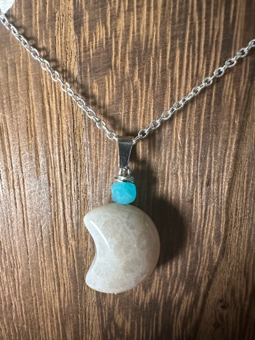Small Coral Fossil Crescent Moon Charm Pendant Necklace, Amazonite and Silver - Picture 9 of 13